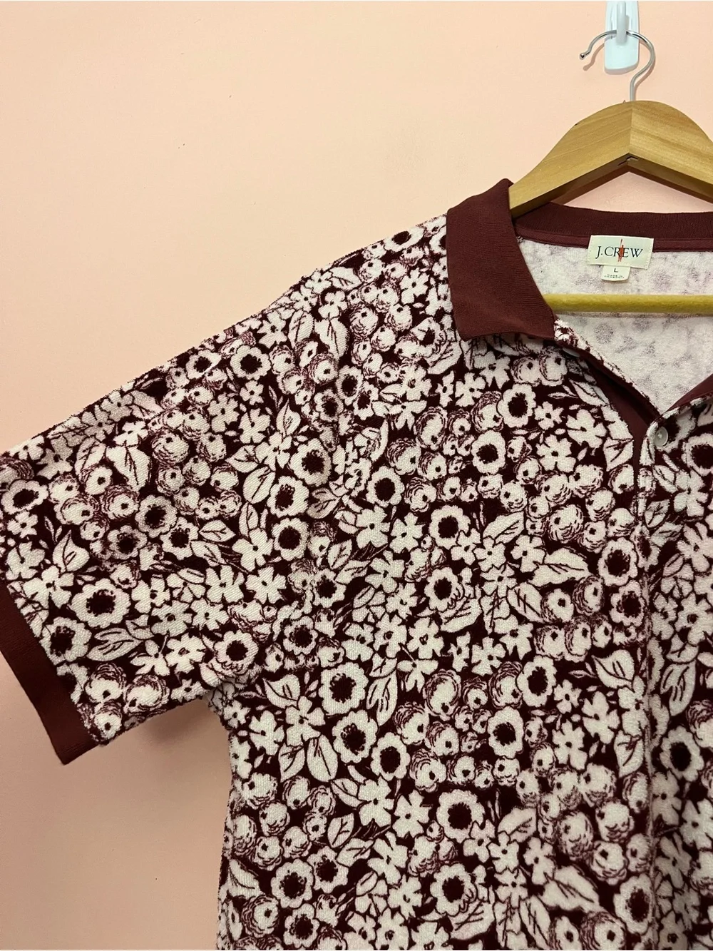J.Crew Maroon Floral Terrycloth Polo Shirt Large